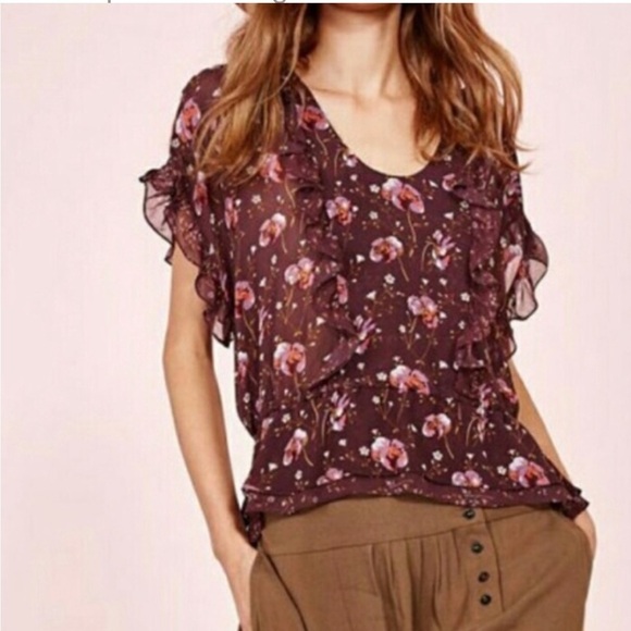 Ulla Johnson Leif Silk Top Burgundy Floral Print Ruffle Blouse